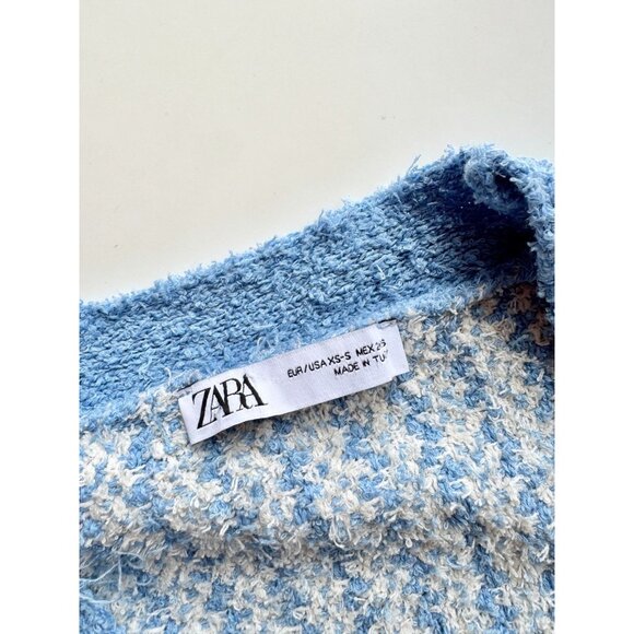 ZARA Blue White Cotton Blend Fuzzy Knit Oversized Cardigan Sweater, Size XS-S - Picture 11 of 15